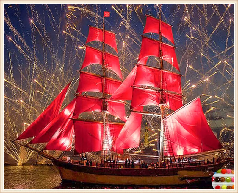 

5d diy diamond painting round full cube diamond embroidery red ship scenery pattern hobbies and diamond mosaic Christmas gift