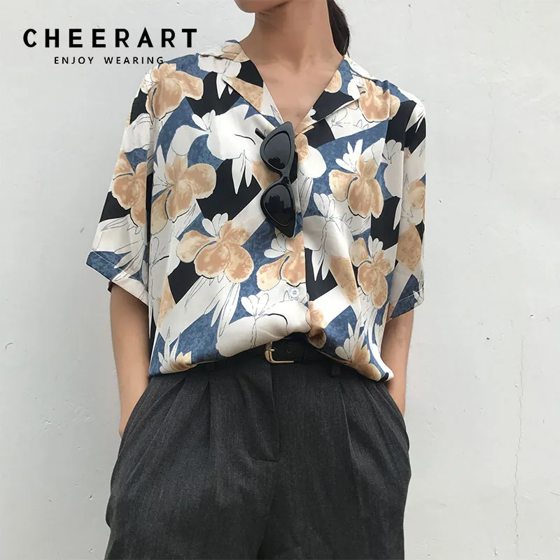 Женская блузка с отложным воротником Cheerart свободная цветочным принтом в
