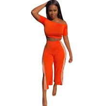Side Striped Sexy Two Piece Sets Women Slash Neck Off the Shoulder Crop Top + Split Ankle-length Pants Casual Sweat Suit Outfits Side Striped Sexy Two Piece Sets Women Slash Neck Off the Shoulder Crop Top + Split Ankle-length Pants Casual Sweat Suit Outfits
