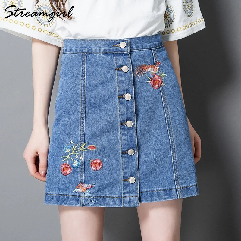 

Embroidery Denim Skirts Womens Summer Floral Denim Skirt With Button Shorts Female Skirts A line Women's Skirt With Embroidery