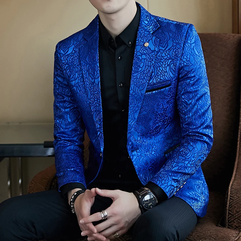 Роскошный Королевский синий черный блейзер новейший дизайн модный жаккардовый тонкий пиджак с принтом розы мужские повседневные деловые вечерние и свадебные блейзеры