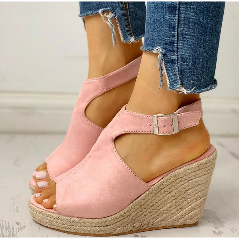 Women Sandals Female Suede Open Toe Cork Wedge Shoes Platform Buckle Strap Fashion Ladies Ankle Strap High Heels Shoes