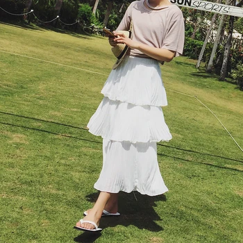 

Black White Ruffles Skirts Women Fashion Beach Elastic Waist Tuck Falda Female Patchwork Tier Ruffle Pleated Chiffon Skirts