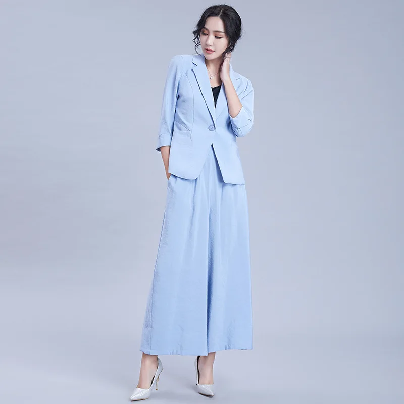 

Office Long Pant Suits Women Solid Cotton Bamboo Fiber Suit Elegant Omighty Sexy Lady Party Female Blazer Set White Black Blue