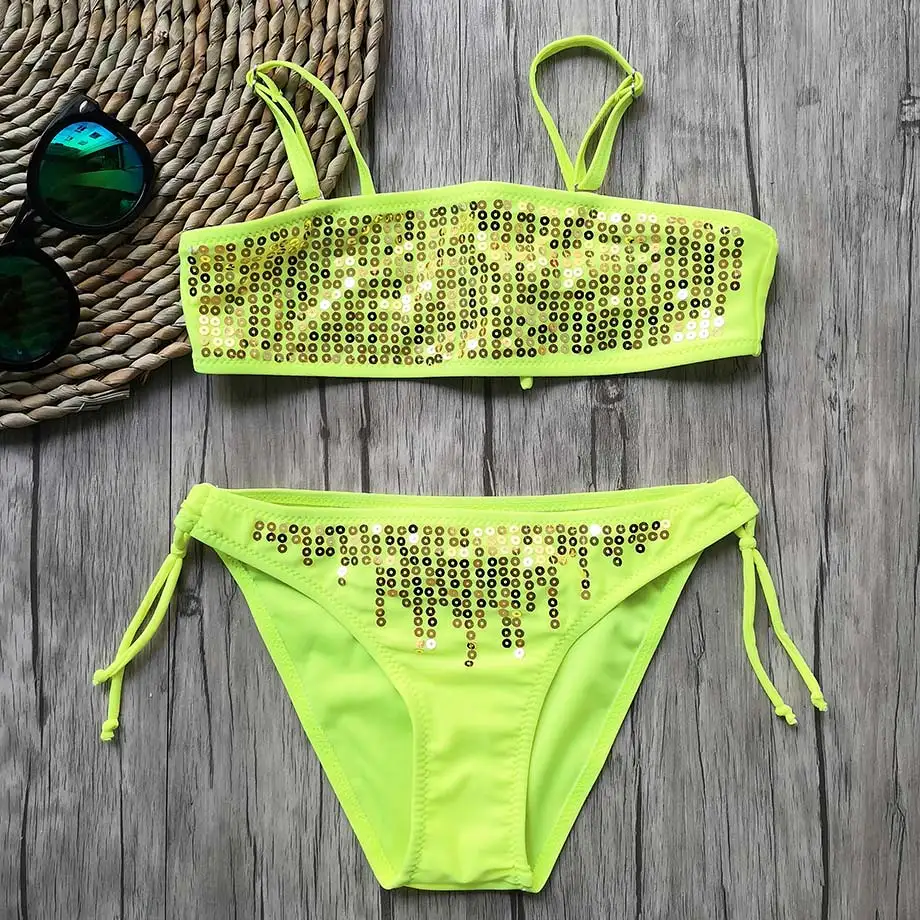 

2-12 Years Baby Girl Swimsuit kids Bling Bling Two Piece Children Swimwear Solid Toddler Girl Bikini Set Child Girl Bathing Suit