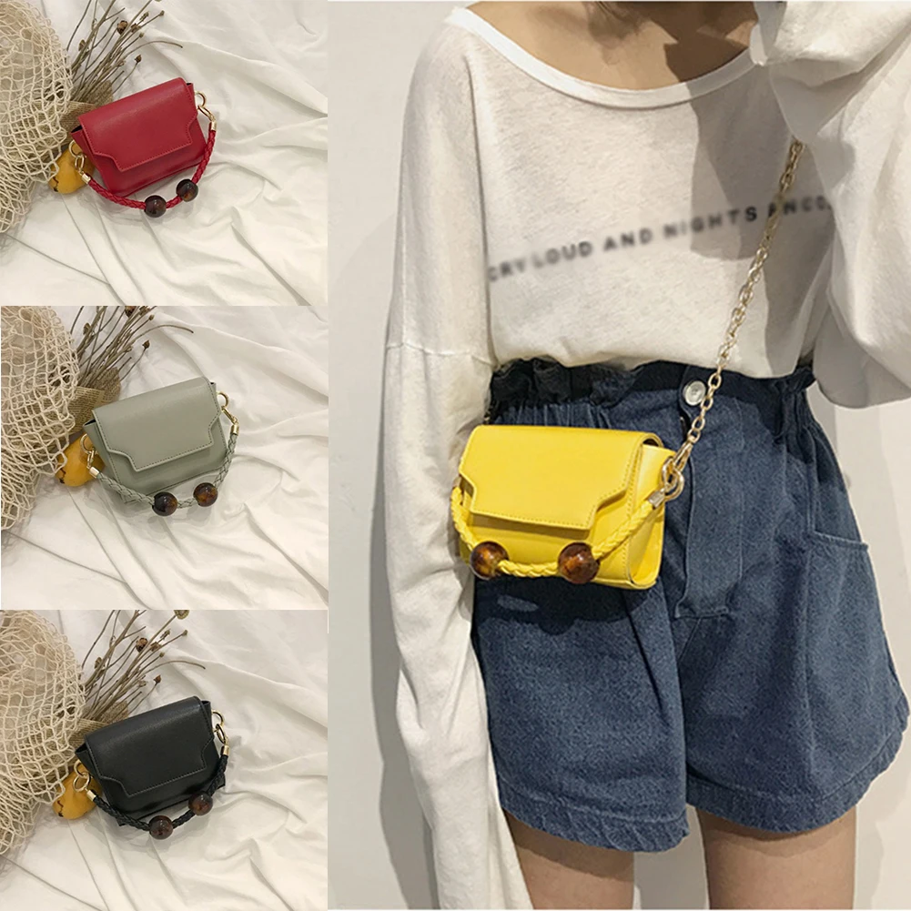 

Fashion Mini Candy Color Shoulder Womens Bag Solid Small Square Beading Handbag Artificial Pu Weave Chain Red Bag Hot Sale