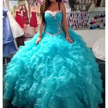 Синие пышные дешевые пышные платья без бретелек из органзы с кристаллами и рюшами, бальное платье для выпускного вечера, длинное платье на шнуровке, милое платье 16 15