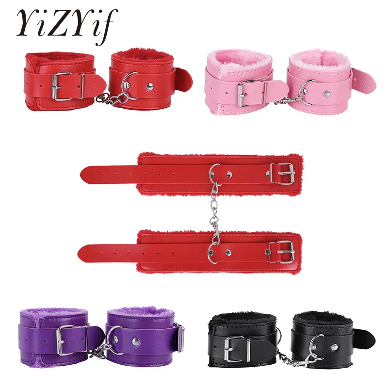 

1 Pair Plush Handcuffs Adjustable PU Leather Handcuffs Soft Plush Wrist Cuffs with A Chain Adult Hand Toys Sexy Costumes Adult
