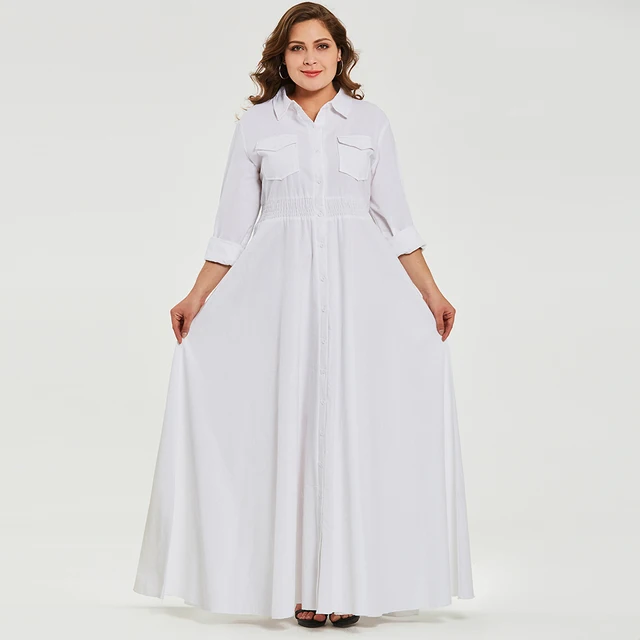 Women Autumn Casual White Long Dress Plus Size Elastic Waist Office