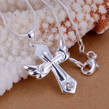 

Drop shipping Jesus Cross Love angel heart wing 925 solid silver plated Pendant Necklace 20inch snake chain women girl lady gift