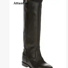 Женские модные сапоги до колена из натуральной кожи Длинные пинетки плоская подошва теплые зимние дамские сапоги Туфли под платье с острым носком гладиатор Bota