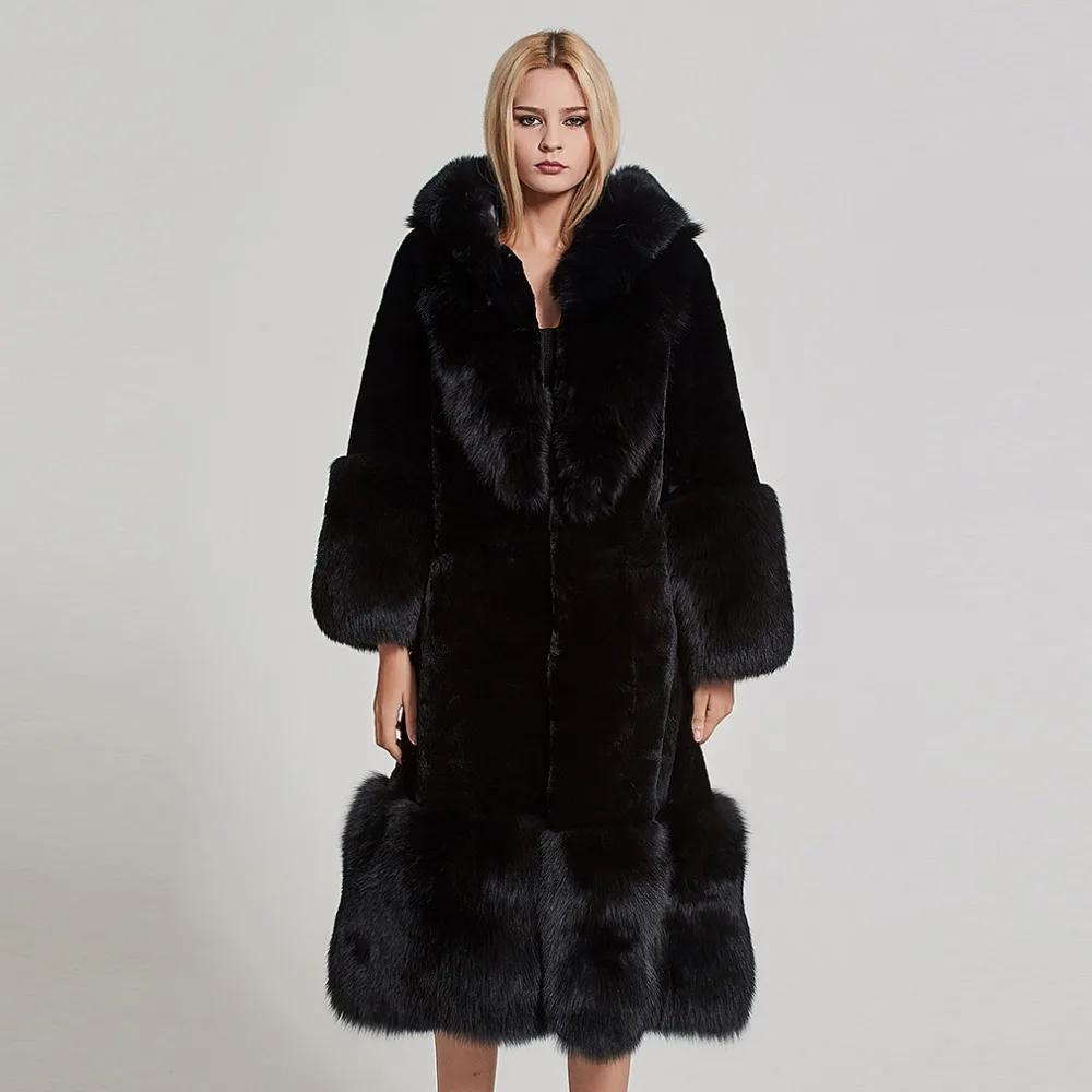 Fur Story Women's Real Fur Coat Fashion Real rabbit Fur Coat with Fox