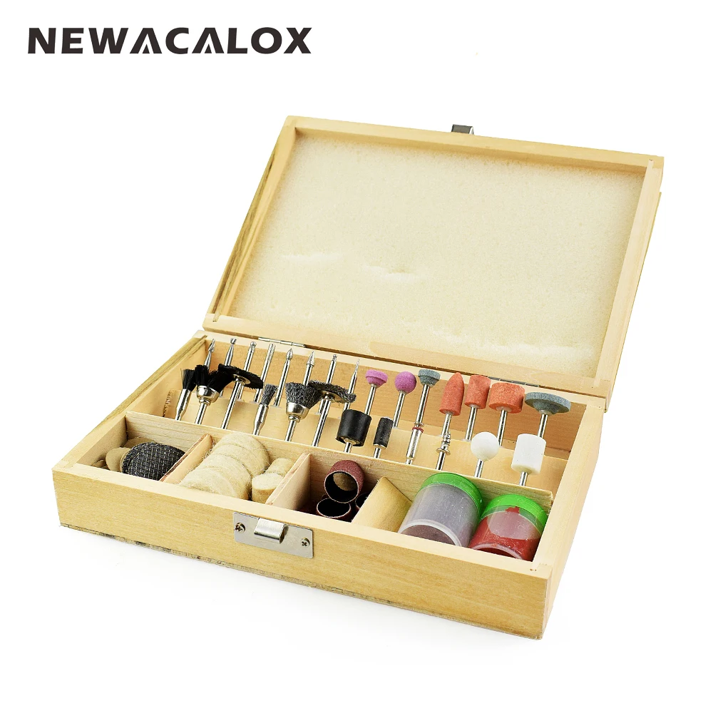 

NEWACALOX Wooden Box 100pcs Rotary Tool Accessory Bit Set for Dremel Tools Multitool Grinding Kit Abrasive Tools Mini Micro