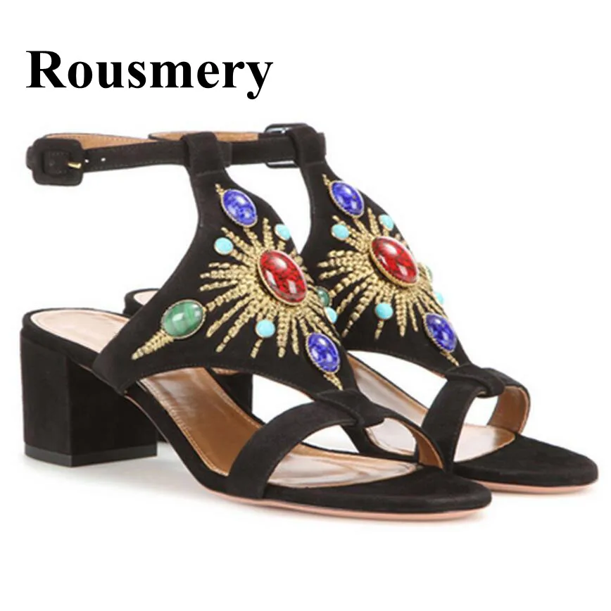 

Fashion Totem Gemstone Decoration Flock Square Heel Open Toe Buckle Strap Slingback Handmade Summer Women Sandals High Quality