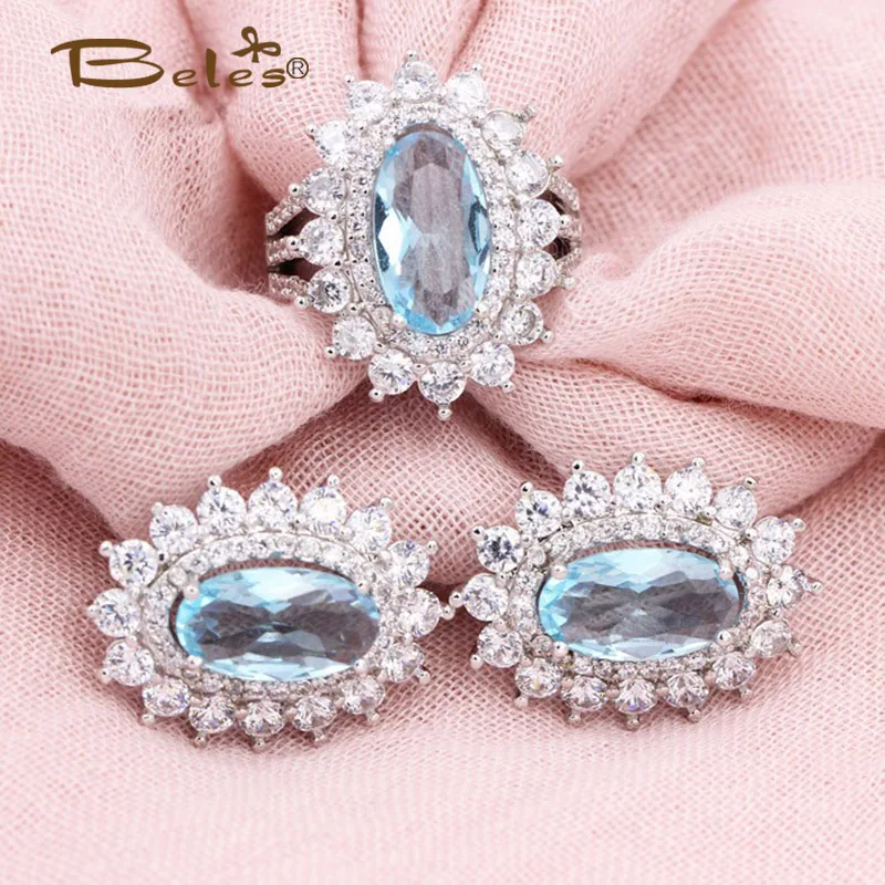 Beles Light Blue Jewelry Sets Round Natural zirconia Fine Big Earrings
