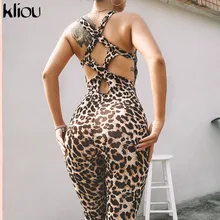 Kliou kadınlar seksi leopar tulumlar 2019 yeni elastik sıska spor spor bodysuit geri bandaj hollow out kadın seksi tulum