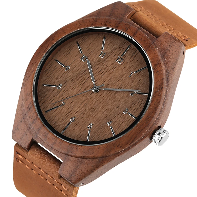 

Minimalist Ebony Walnut Wooden Men's Quartz Leather Wristwatch Unique Numbers Wood Watch Fashion Clock Gifts for Men Women reloj