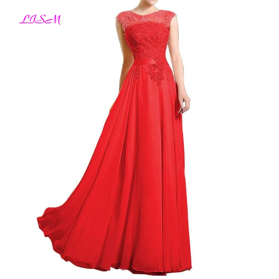O-Neck Cap Sleeves Appliques Chiffon Evening Dresses A-Line Sleeveless Long Prom Party Dress Empire Floor Length Formal Gowns