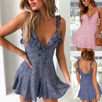 

2018 Newly Summer Women Holiday Dress Boho Sleeveless Strapless Floral Print Ruffles Backless A-Line Mini Dress Sundress