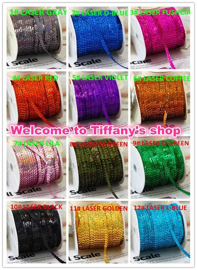 

100Yard 6mm 15 Laser Colors Sequins Ribbon Trim Sewing Paillette Strings Flat Round Sequins in Roll For Crafts