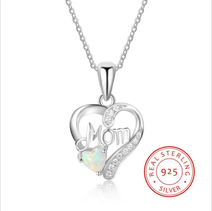 

New Hot 925 Sterling Silver Opal Two-Color Mom Heart Pendant Necklace Clavicle Short Paragraph Choker Best Gift For Mother