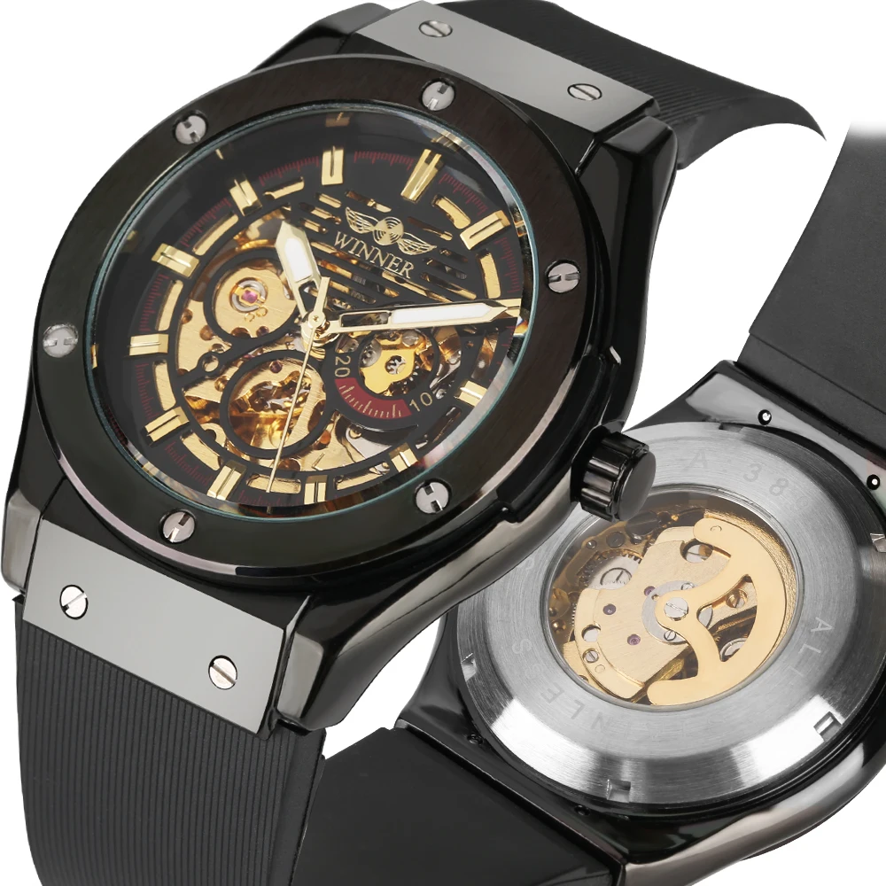 

Watches Men Top Brand Luxury Automatic Watch Man Tevise Dual Time Wrist Watch Black Silicone Strap Skeleton Clock relojes hombre