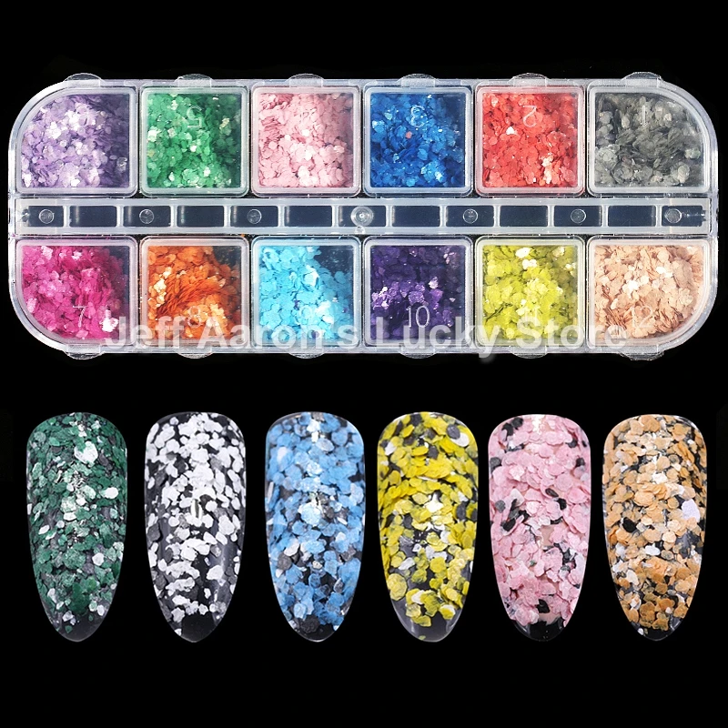 

12 Colors Acrylic Nail Giltter Crushed Shell Powder Sequins Set For Fake Nails Art Tips Decoration Manicure Supplies Tool