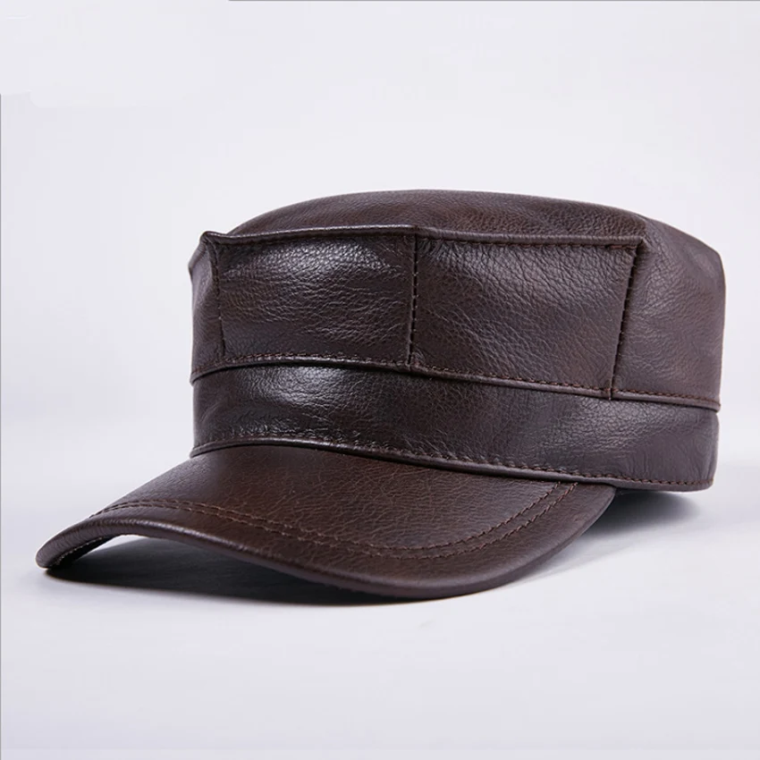 

Genuine Cowhide Leather Caps Fashion Warm Military Octagonal Hats Luxury Design Adjustable Visors Cap With Earflap MZ29