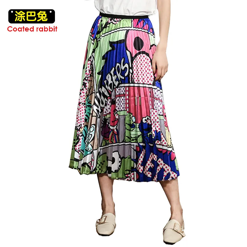 

CR Woman Spring Summer Autumn High Waisted Skinny Female Skirt Pleated Skirts Cartoon Print Pleated Skirt