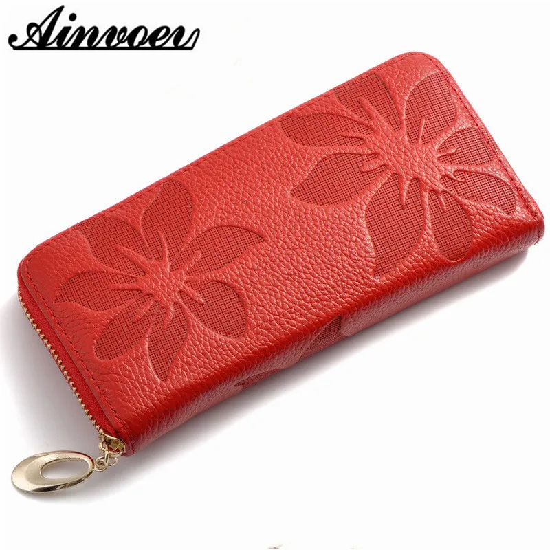 

Ainvoev Genuine Leather Wallet Women Lady Long Wallets Purse Female 9 Colors Beauty Bag Card Holder Day Clutch Bags Pure Color