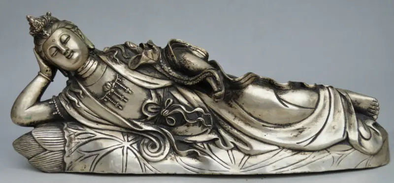 

Collectible Decorated Miao Silver Carved Kwan-yin Recline Lotus Statue