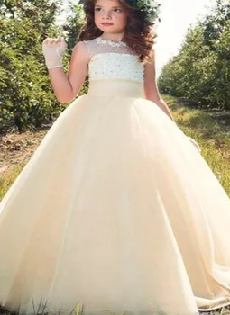 

Elegant Kids Champagne Tulle Princess Girl Cute Flower Girl Dress For Wedding Birthday Communion Dress