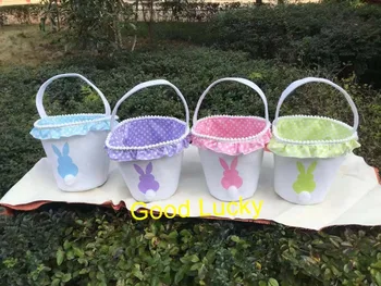 

10pcs/lot new bunny ruffled easter bucket for kids monogram high quality canvas easter basket 4 colors easter tail tote bucket