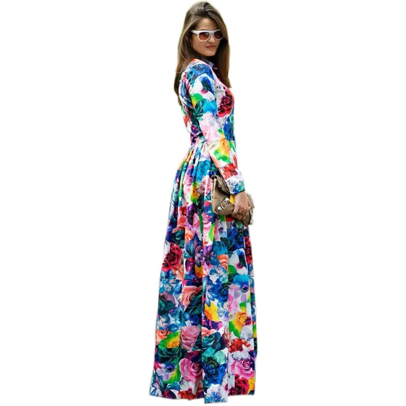 

Plus Size S-4XL European American Style Women Runway Maxi Long Dress Colorful Flowers Printed Bohemian Dresses Female Vestidos