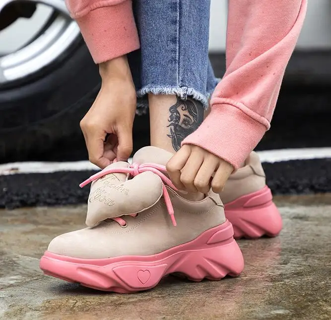 Plate Nouveau Rose Picture forme Des Dentelle Peu Talon Sneakers Formateurs up Coeur Femmes Sport Profonde Chaussures Picture as Casual Noir Amovible Épais As dtwqtv