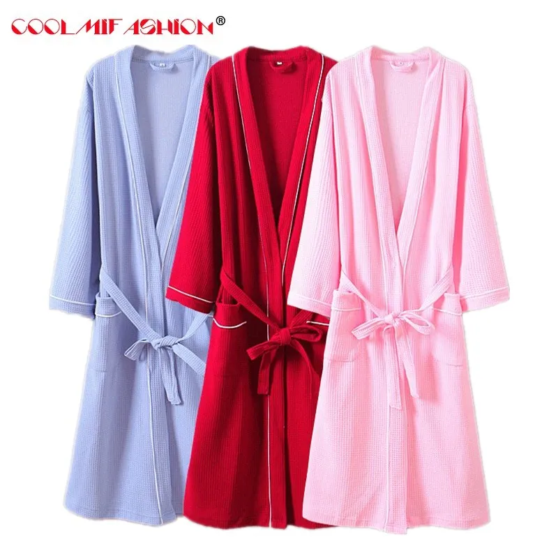

Waffle cotton robes women Nightwear long-sleeved casual Famale bathrobe High quality SPA robes kaftans for women Homewear Lounge