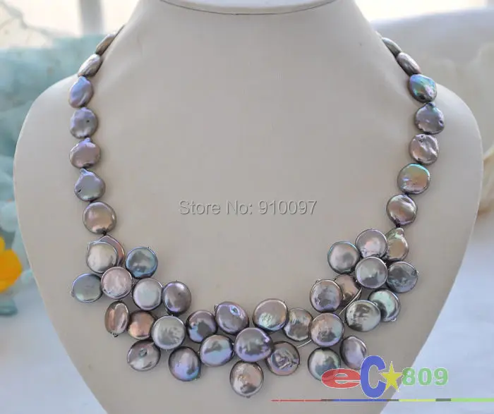 

LHX54143>>20" 14mm black coin freshwater pearl Hand weaving flower necklace