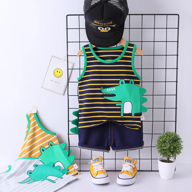 

2019 summer children's clothing Boy cartoon striped vest t-shirt + pants 2 pieces Boy suit clothes