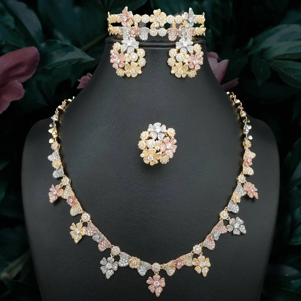 

ModemAngel Exquisite Flower Cubic Zirconia Copper 3 Tones Necklace Earrings Bracelet Ring Full Set For Women