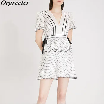 

High Quality Self Portrait Dress 2018 Summer Women Sexy Double V neck Pleated Chiffon Polka Dot White Dress Beah Boho Dresses