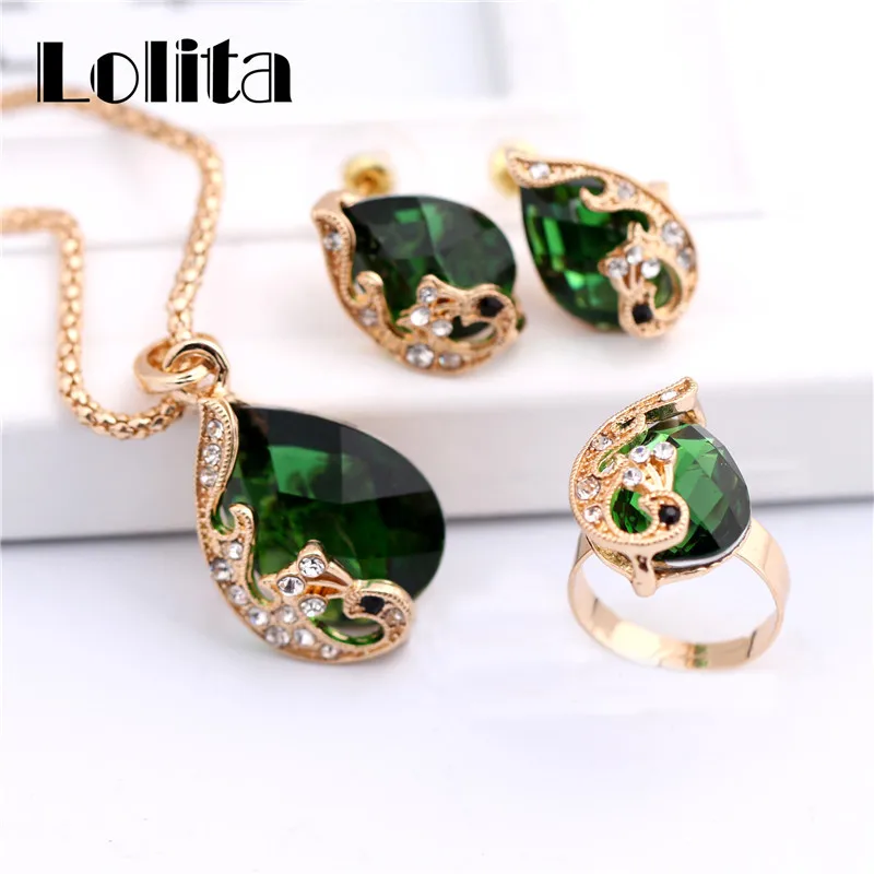  New Fashion 18k Gold Plated Jewelry Water Drop Crystal Peacock Bridal Wedding Jewelry Sets ST062