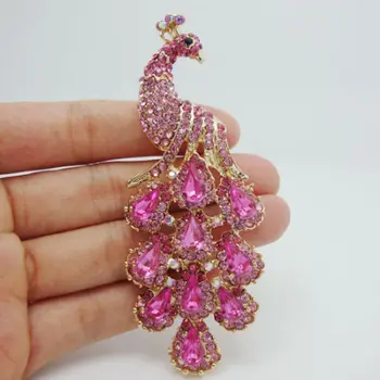 

Pretty Pink Peacock Bird Gold Tone Brooch Pin Pendant Rhinestone Crystal