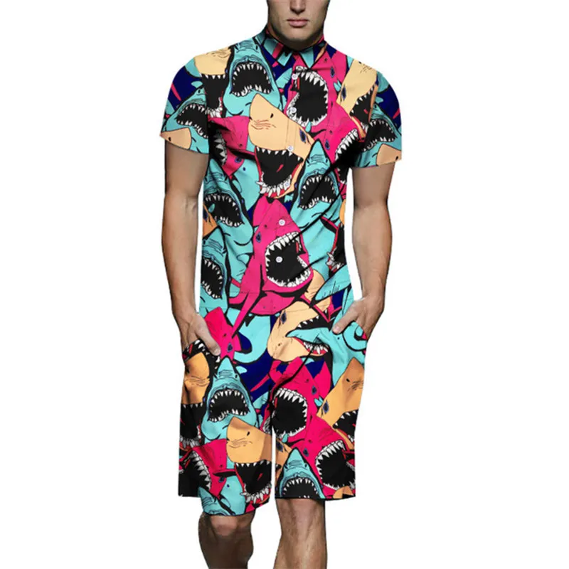 

Jumpsuit Men Summer Short Sleeve Rompers Personalized Shark Print Cotton One Piece Overalls Playsuit Pants Male Set Clothes