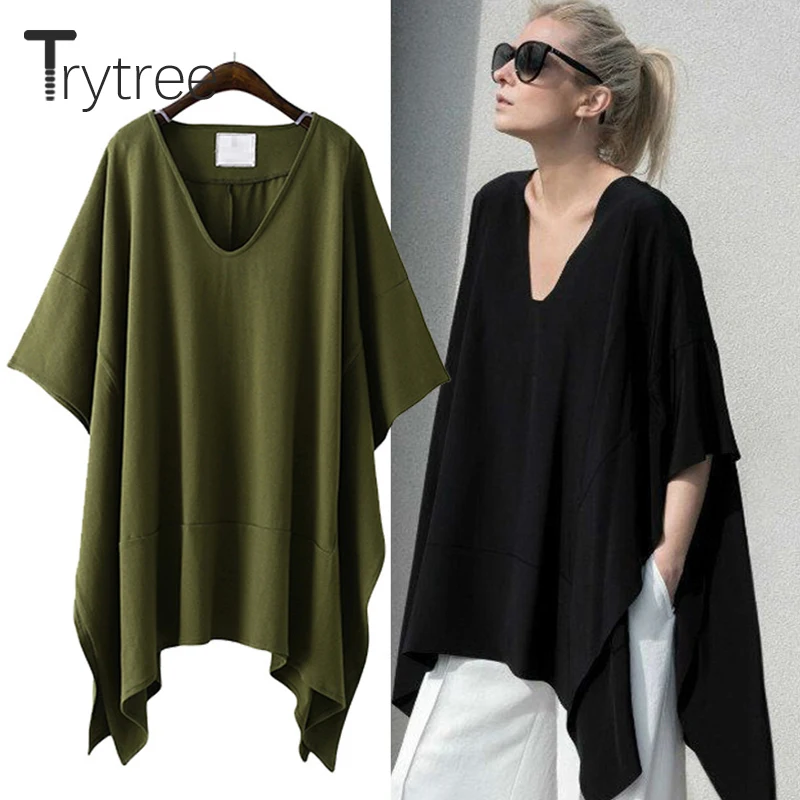 

Trytree Summer Casual Women T Shirt Solid V-neck Batwing Sleeve T-Shirt Cotton Polyester Female Top Irregular Hem tshirt Women