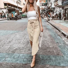 Melegant элегантный хаки кнопка OL юбки женские миди облегающее черное Разделение юбка с галстуком-бабочкой Femme пляжная летняя юбка