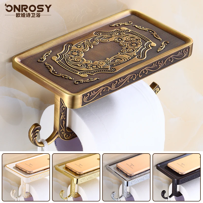 

Antique Carving Toilet Roll Paper Holder Wall Mount Bathroom Tissue Holder with Mobile Phone Storage Shelf Rack