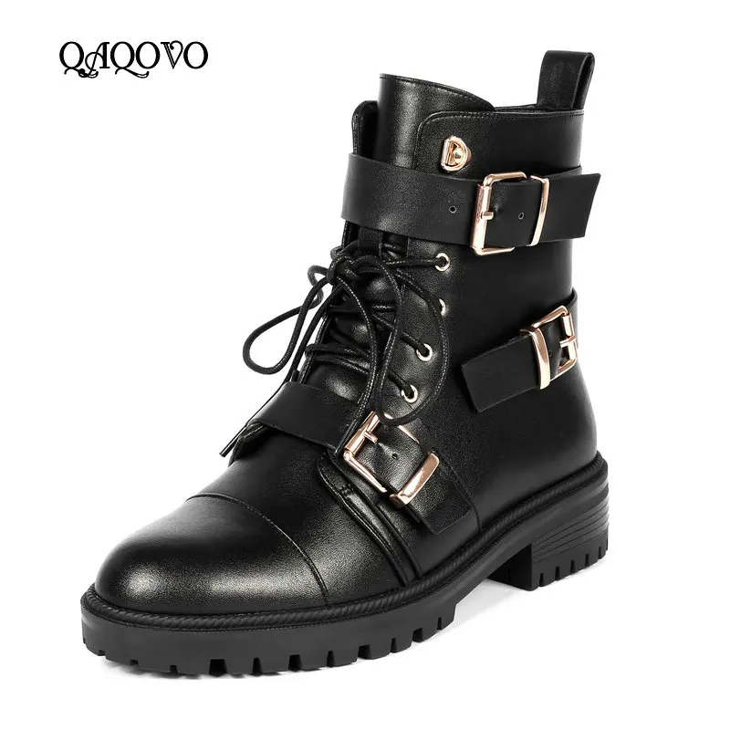 

Spring Autumn Fashion Women Boots Shoes Cow Leather Flat Square Low Heel Ankle Boots Lacing Buckle Zip Winter Motorcycle Boots