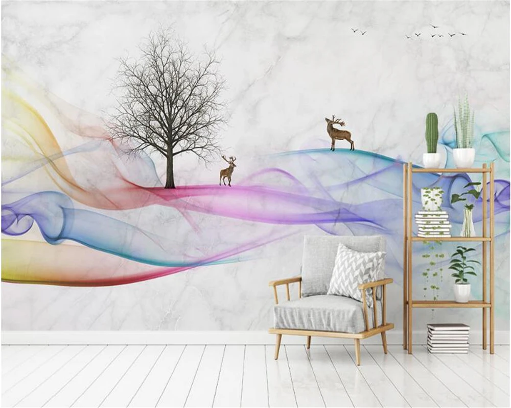 

beibehang 2018 new personality wall paper Nordic abstract colored cloud lines elk trees Background papel de parede 3d wallpaper