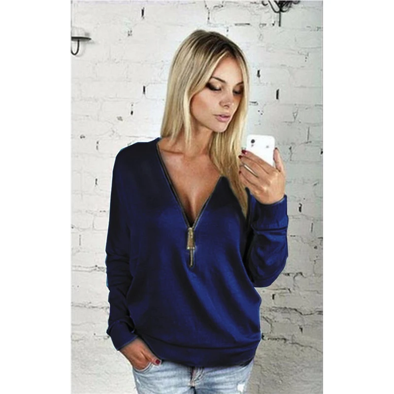 Women Sexy Fashion Batwing Sleeve Blouse Deep V Collar Zipper Sweater Long Sleeved T-shirt Plus Size S-5XL (13)