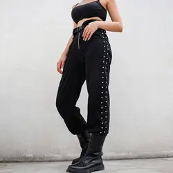 Новые черные боковые штаны с заклепками с высокой талией пряжки тренировочные брюки Pantalon женские брюки оборки плиссированные брюки